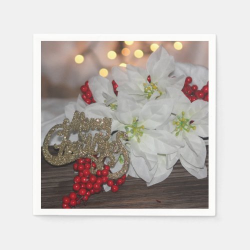 Elegant Poinsettias White Red Berries Christmas Napkins