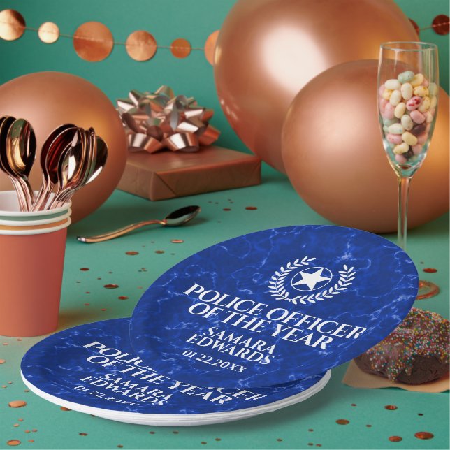 Elegant Police Officer of the Year Blue Marble Paper Plates (Multi)