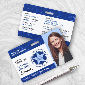 Elegant Police Officer Photo Signature Blue Marble Badge