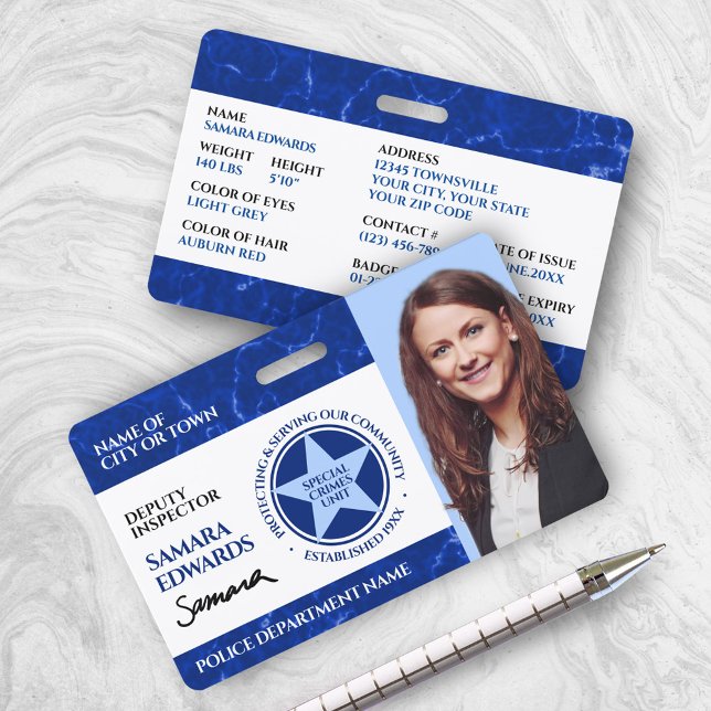 Elegant Police Officer Photo Signature Blue Marble Badge (Creator Uploaded)