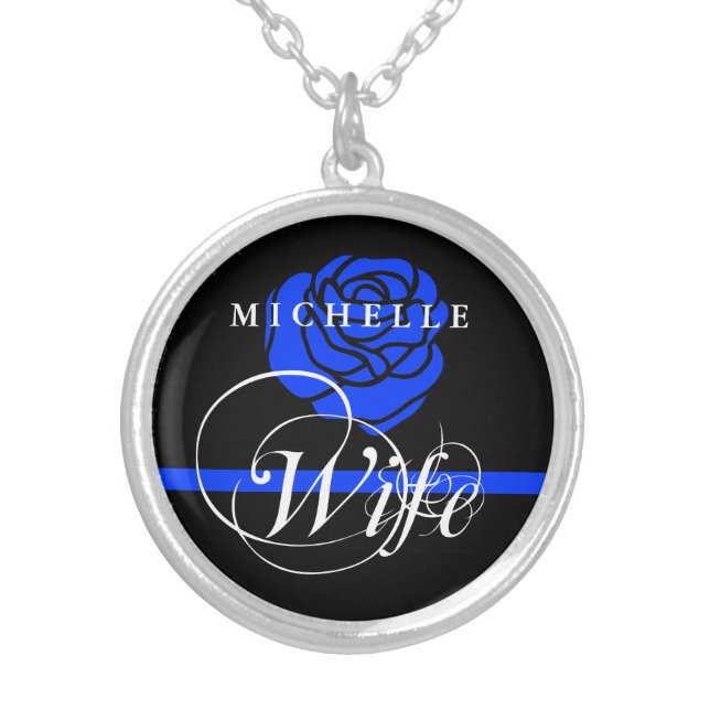 Elegant Police Wife Thin Blue Line Rose Custom Silver Plated Necklace (Front)
