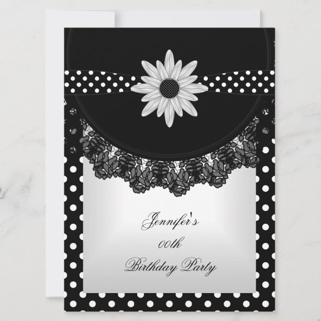 Elegant Polka Dot Black White Lace Flower Invitation (Front)