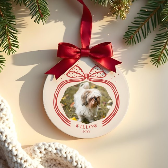 Elegant Polka Dot Christmas Bow Photo Keepsake Ceramic Ornament (Elegant Polka Dot Christmas Bow Photo Keepsake Ceramic Ornament)