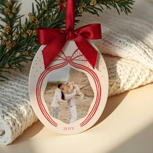 Elegant Polka Dot Christmas Bow Photo Keepsake Ceramic Ornament