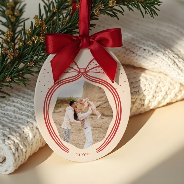 Elegant Polka Dot Christmas Bow Photo Keepsake Ceramic Ornament (Elegant Polka Dot Christmas Bow Photo Keepsake Ceramic Ornament)