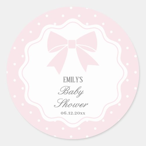 Elegant Polka Dots Baby Pink Bow Baby Girl Shower Classic Round Sticker
