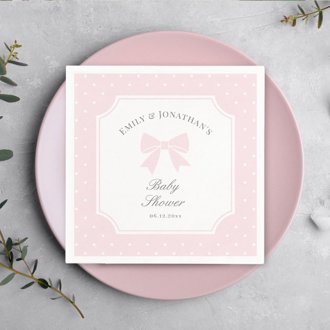 Elegant Polka Dots Baby Pink Bow Baby Girl Shower Napkins (Creator Uploaded)