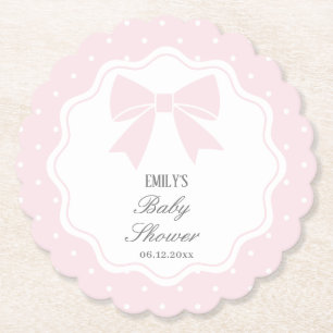 Elegant Polka Dots Baby Pink Bow Baby Girl Shower Paper Coaster