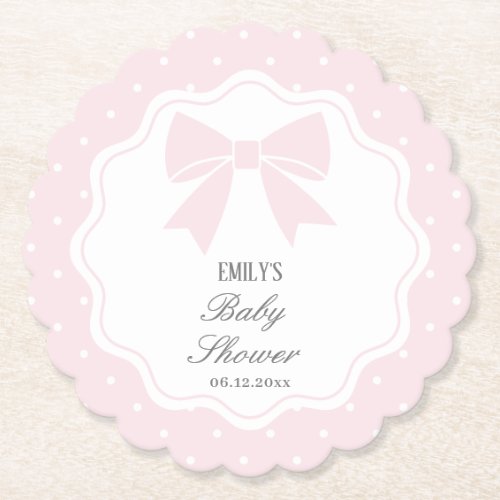Elegant Polka Dots Baby Pink Bow Baby Girl Shower Paper Coaster