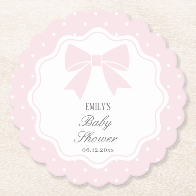 Elegant Polka Dots Baby Pink Bow Baby Girl Shower Paper Coaster (Front)