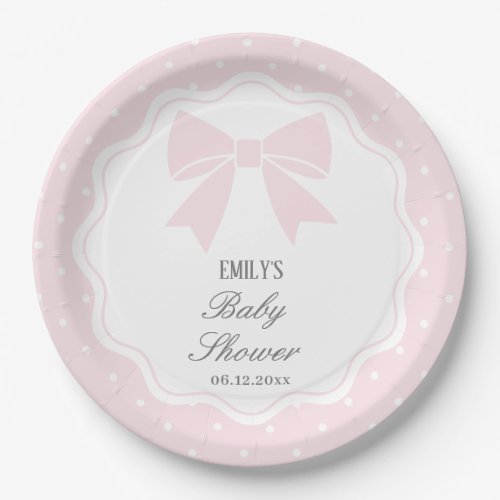 Elegant Polka Dots Baby Pink Bow Baby Girl Shower Paper Plates