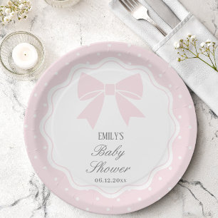 Elegant Polka Dots Baby Pink Bow Baby Girl Shower Paper Plates