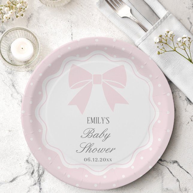 Elegant Polka Dots Baby Pink Bow Baby Girl Shower Paper Plates (Creator Uploaded)