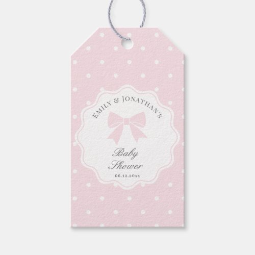 Elegant Polka Dots Baby Pink Bow Girl Baby Shower Gift Tags