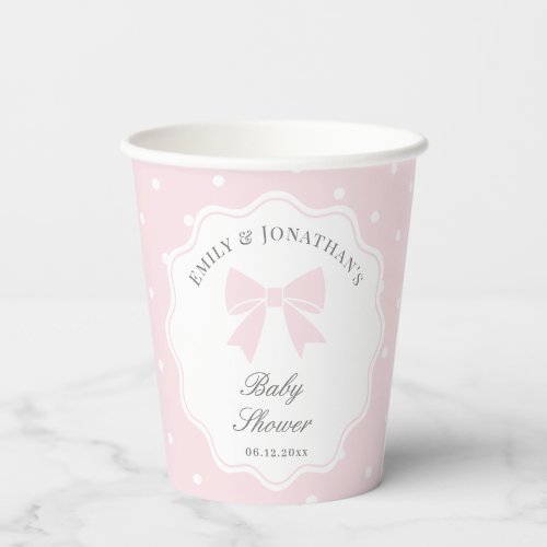 Elegant Polka Dots Baby Pink Bow Girl Baby Shower Paper Cups