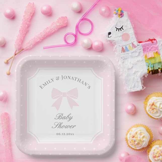 Elegant Polka Dots Baby Pink Bow Girl Baby Shower Paper Plates (Party)