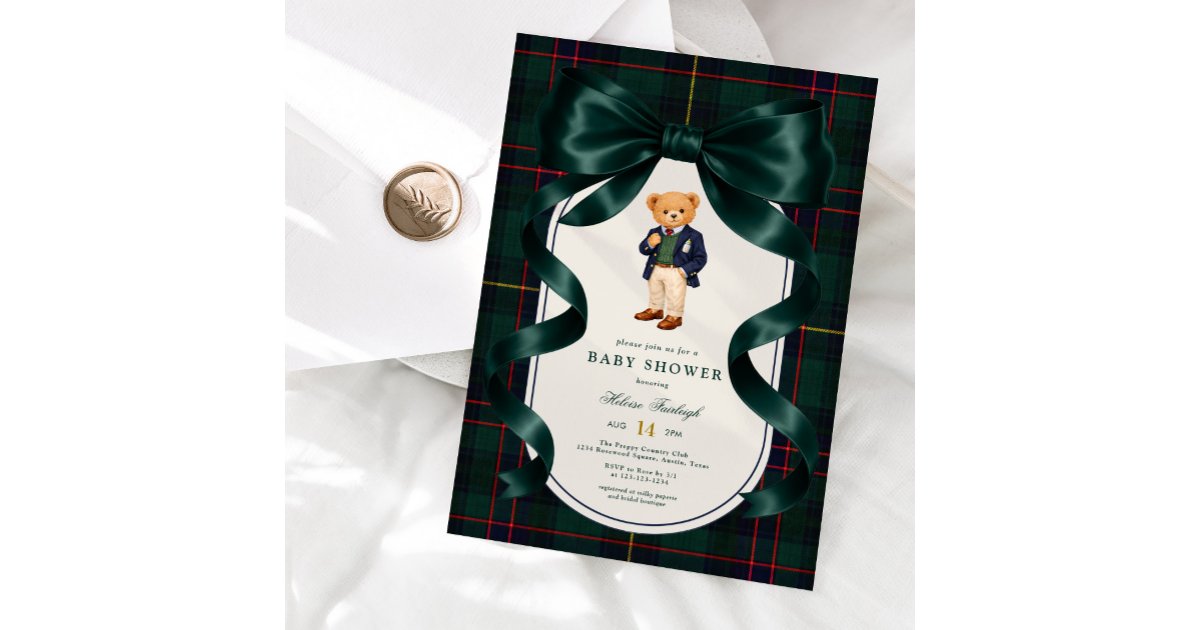 Elegant Polo Teddy Bear Baby Shower Invitation | Zazzle