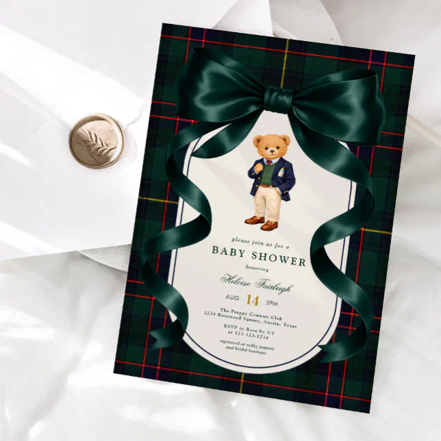 Elegant Polo Teddy Bear Baby Shower Invitation | Zazzle