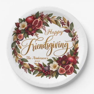 Elegant Pomegranate Fig Botanical Friendsgiving Paper Plates
