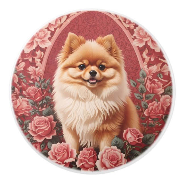Elegant Pomeranian Dog William Morris Inspired  Ceramic Knob (Front)
