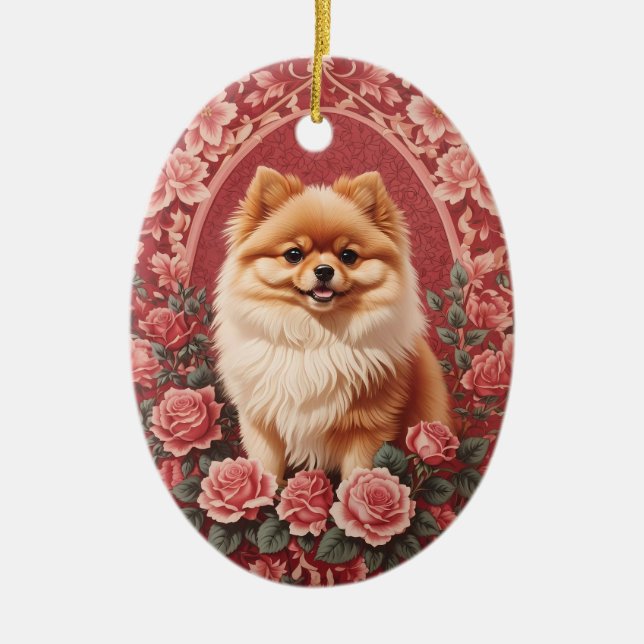 Elegant Pomeranian Dog William Morris Inspired  Ceramic Ornament (Front)