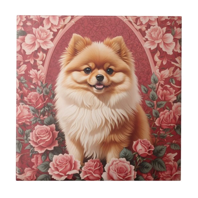Elegant Pomeranian Dog William Morris Inspired  Ceramic Tile (Front)