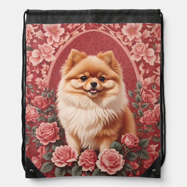 Elegant Pomeranian Dog William Morris Inspired  Drawstring Bag (Front)