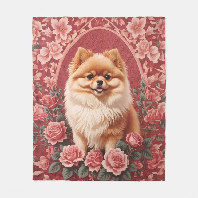 Elegant Pomeranian Dog William Morris Inspired  Fleece Blanket (Front)