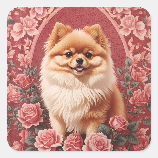 Elegant Pomeranian Dog William Morris Inspired  Square Sticker (Front)