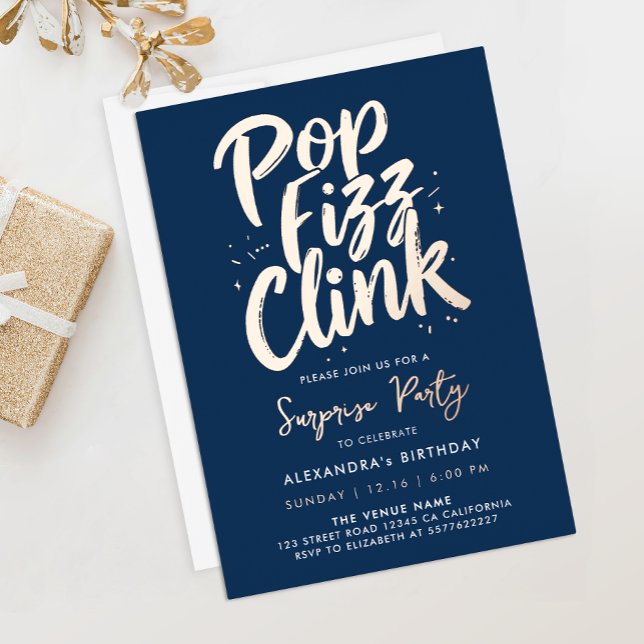 Elegant Pop Fizz Clink Navy Blue Company Script  Foil Invitation (Creator Uploaded)