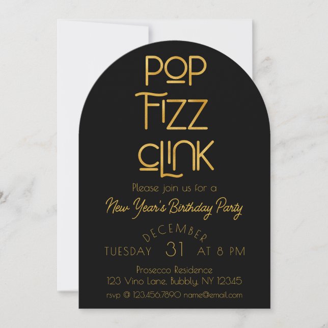 Elegant Pop Fizz Clink New Year's Birthday Party Invitation (Front)