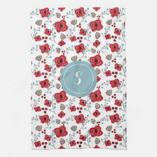Elegant Poppies and Berries Pattern Monogram Kitchen Towel