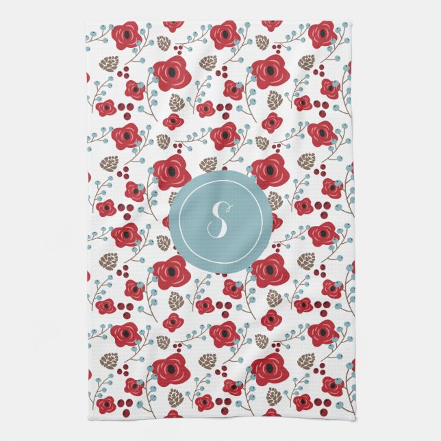 Elegant Poppies and Berries Pattern Monogram Kitchen Towel (Vertical)