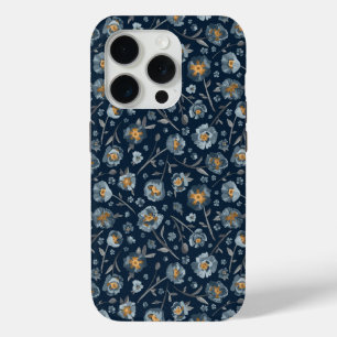 Elegant Poppies Floral Pattern Blue iPhone 15 Pro Case