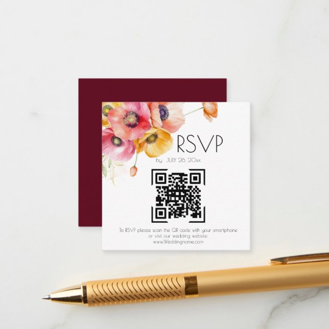 Elegant Poppies Floral QR Code Wedding RSVP  Enclosure Card (Front/Back In Situ)