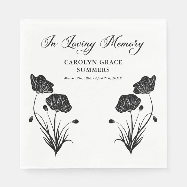 Elegant Poppies In Loving Memory Funeral Napkins (Front)