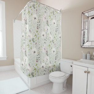 Elegant Poppies Leaves Floral Pattern Satin Linen Shower Curtain