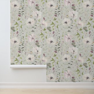 Elegant Poppies Leaves Floral Pattern Satin Linen