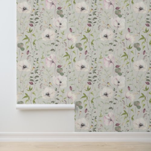 Elegant Poppies Leaves Floral Pattern Satin Linen Wallpaper