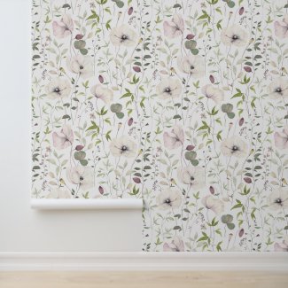 Elegant Poppies & Leaves Floral Pattern White