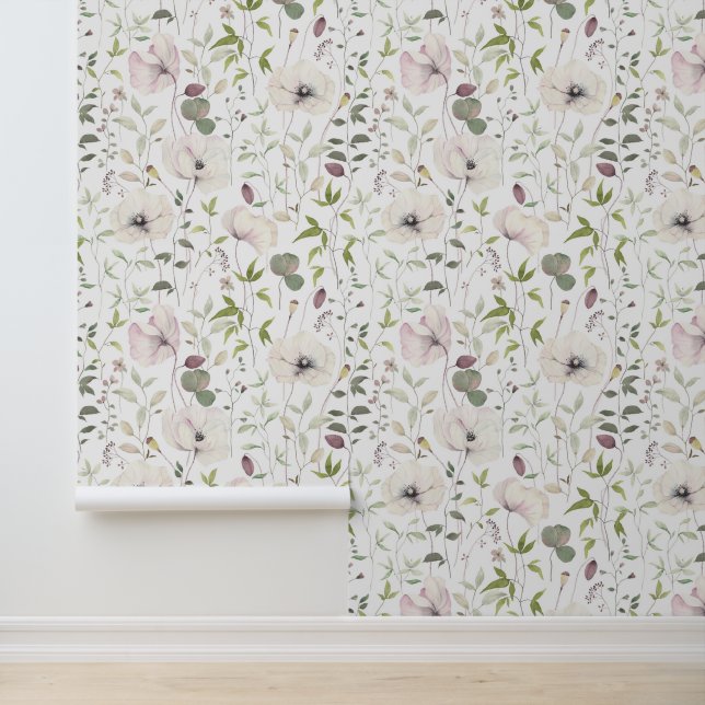 Elegant Poppies & Leaves Floral Pattern White Wallpaper (Application)