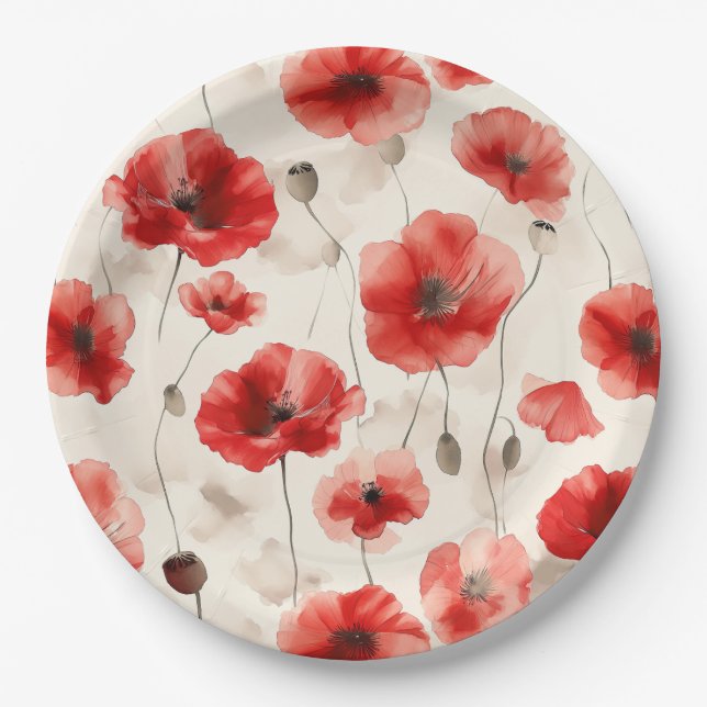 Elegant poppies pattern napkins paper plates (Front)
