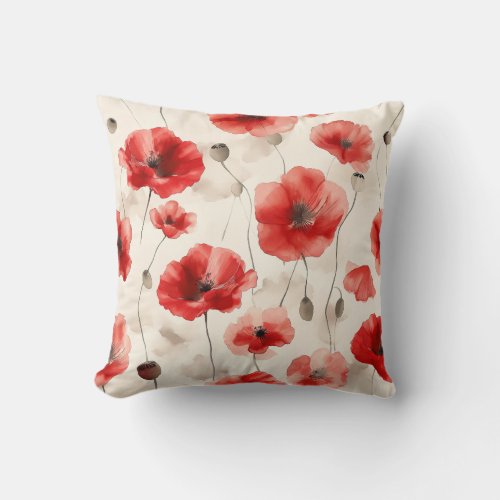 Elegant poppies pattern watercolor throw pillow