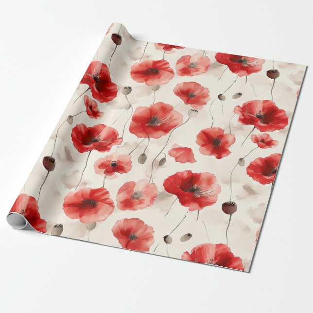 Elegant poppies pattern watercolor wrapping paper (Unrolled)