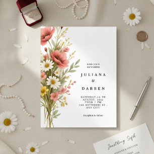 Elegant Poppy Daisy Bouquet Rustic Floral Wedding Invitation