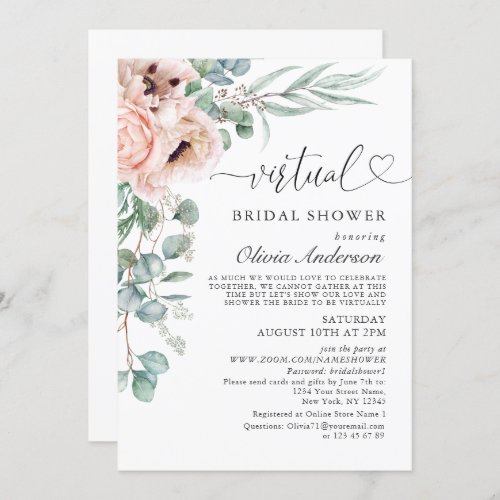 Elegant Poppy Eucalyptus virtual Bridal Shower Invitation