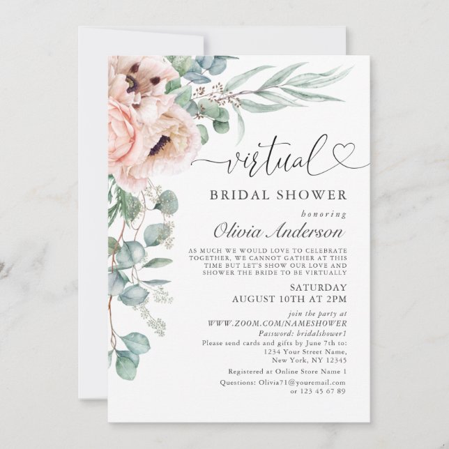 Elegant Poppy Eucalyptus virtual Bridal Shower Invitation (Front)