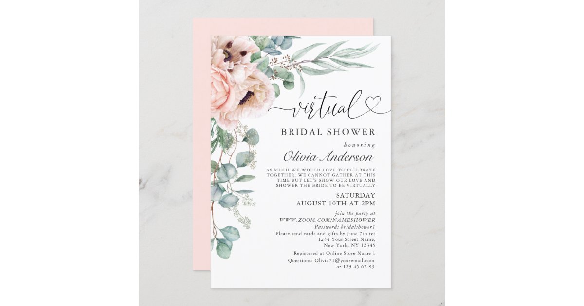 Elegant Poppy Eucalyptus Virtual Bridal Shower Invitation 