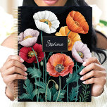 Elegant Poppy Floral Custom Name Planner<br><div class="desc">This stunning design features a beautiful arrangement of poppy flowers in shades of red, orange, pink, and white, set against a dramatic black background. The delicate foliage and elegant nameplate add a personalized touch, perfect for professionals, students, or anyone who loves timeless floral art. Ideal for organizing tasks, journaling, or...</div>