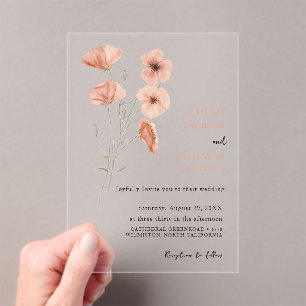 Elegant Poppy Meadow  Orange Flowers Wedding  Acrylic Invitations